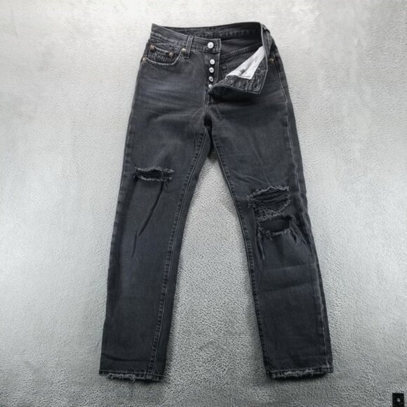 Levis 501 Jeans Womens 25 Black Straight Distressed Button Fly Edgy Skate - Picture 1 of 11